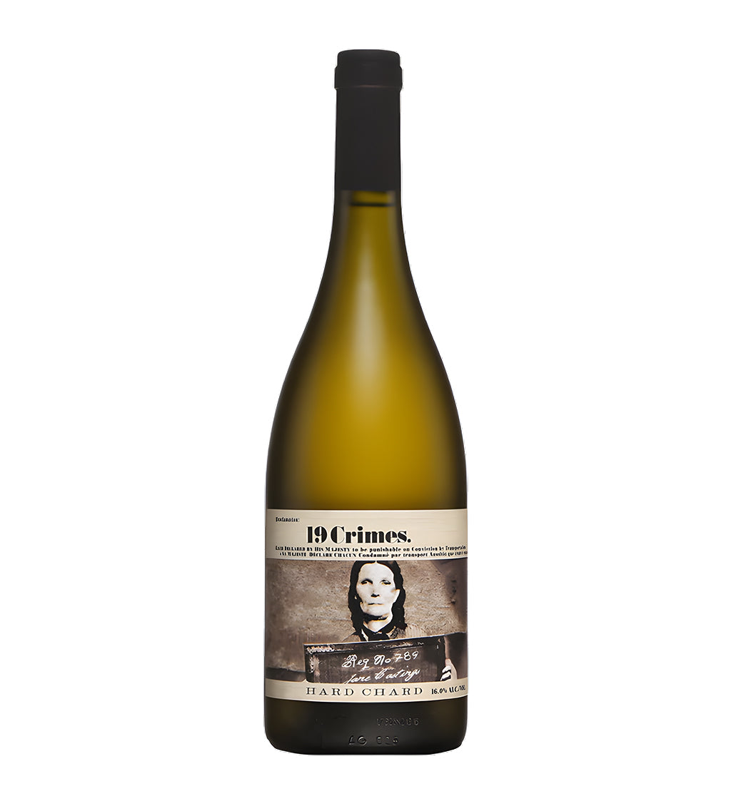 Wine bottle labeled '19 Crimes Hard Chard' on a white background