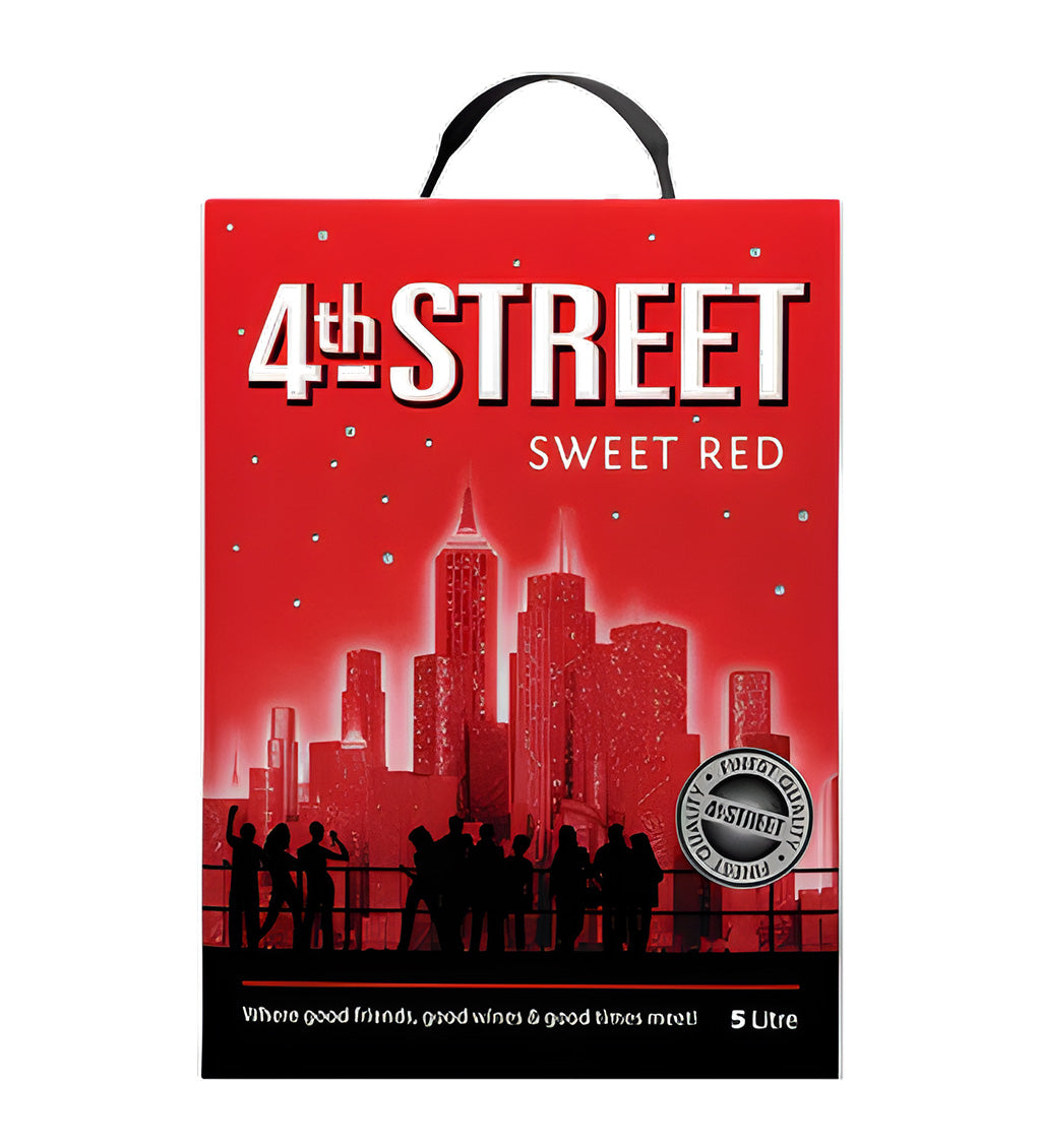 4th Street Red wine 5L box on white background, rich red color with city imagery and brand logo