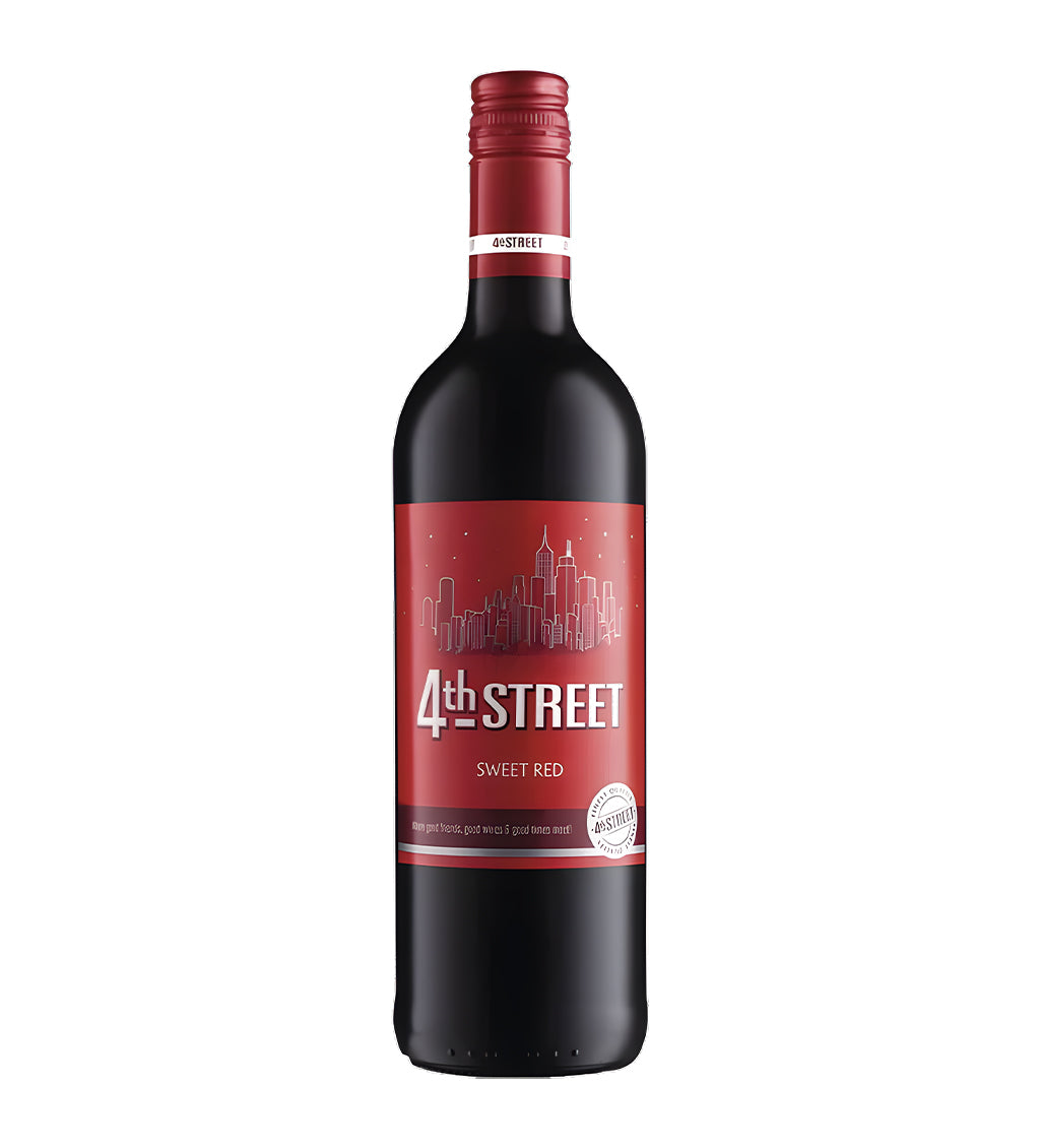 4th Street Sweet Red wine 75cl dark glass bottle on white background, vibrant red label with fruit imagery and brand logo