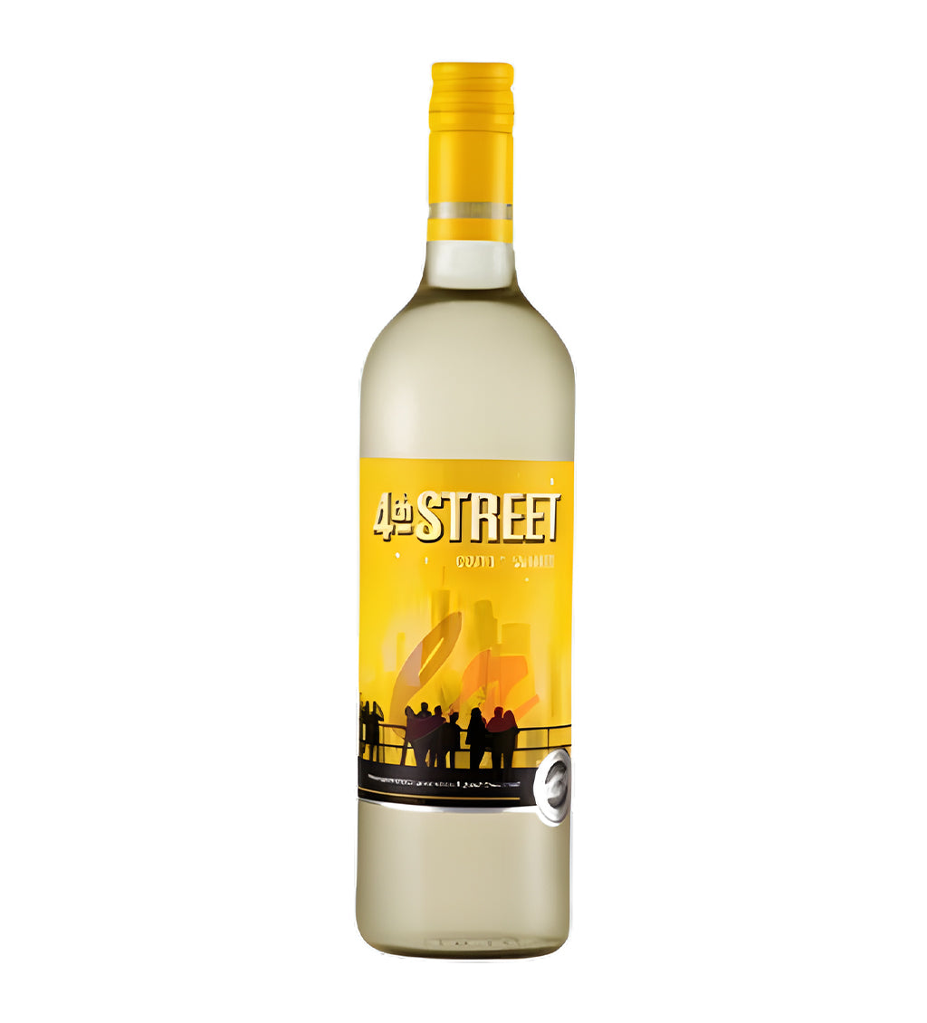 Bottle of wine with a yellow label featuring silhouettes on a white background
