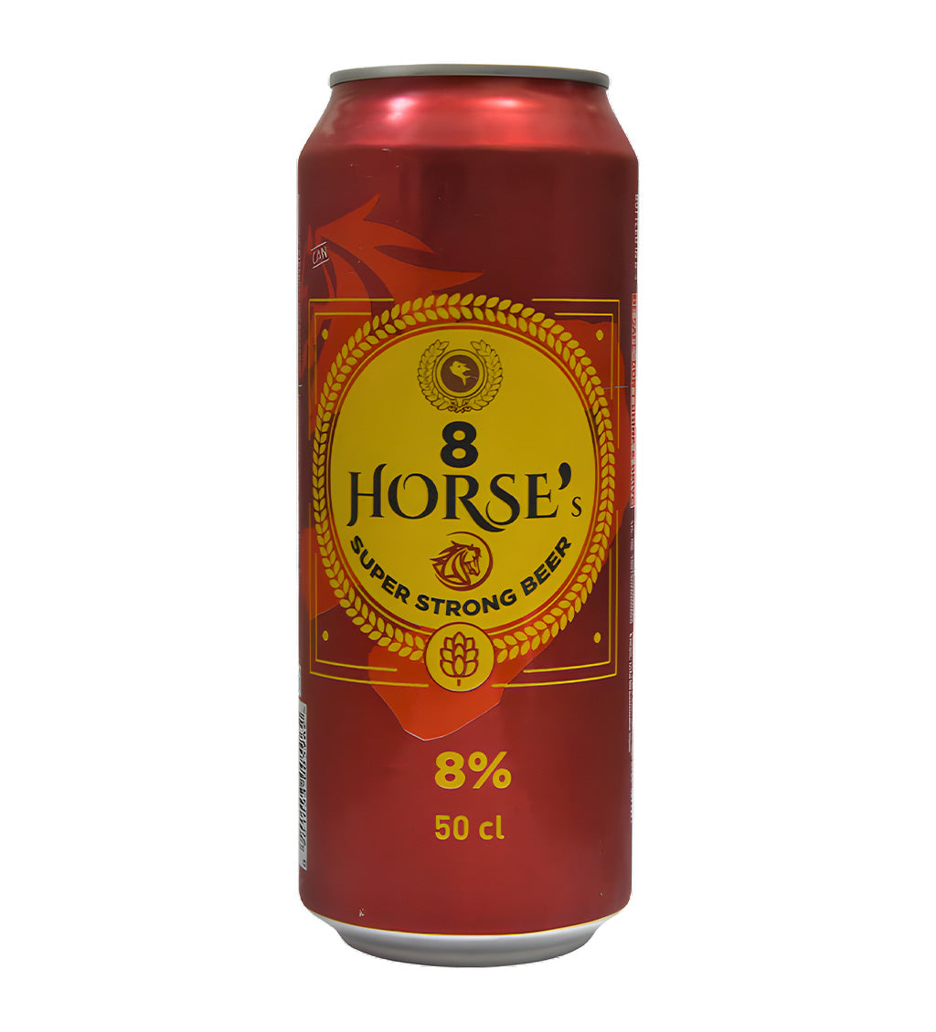 500ml can of 8 Horse Extra Strong Beer with bold black and gold branding.