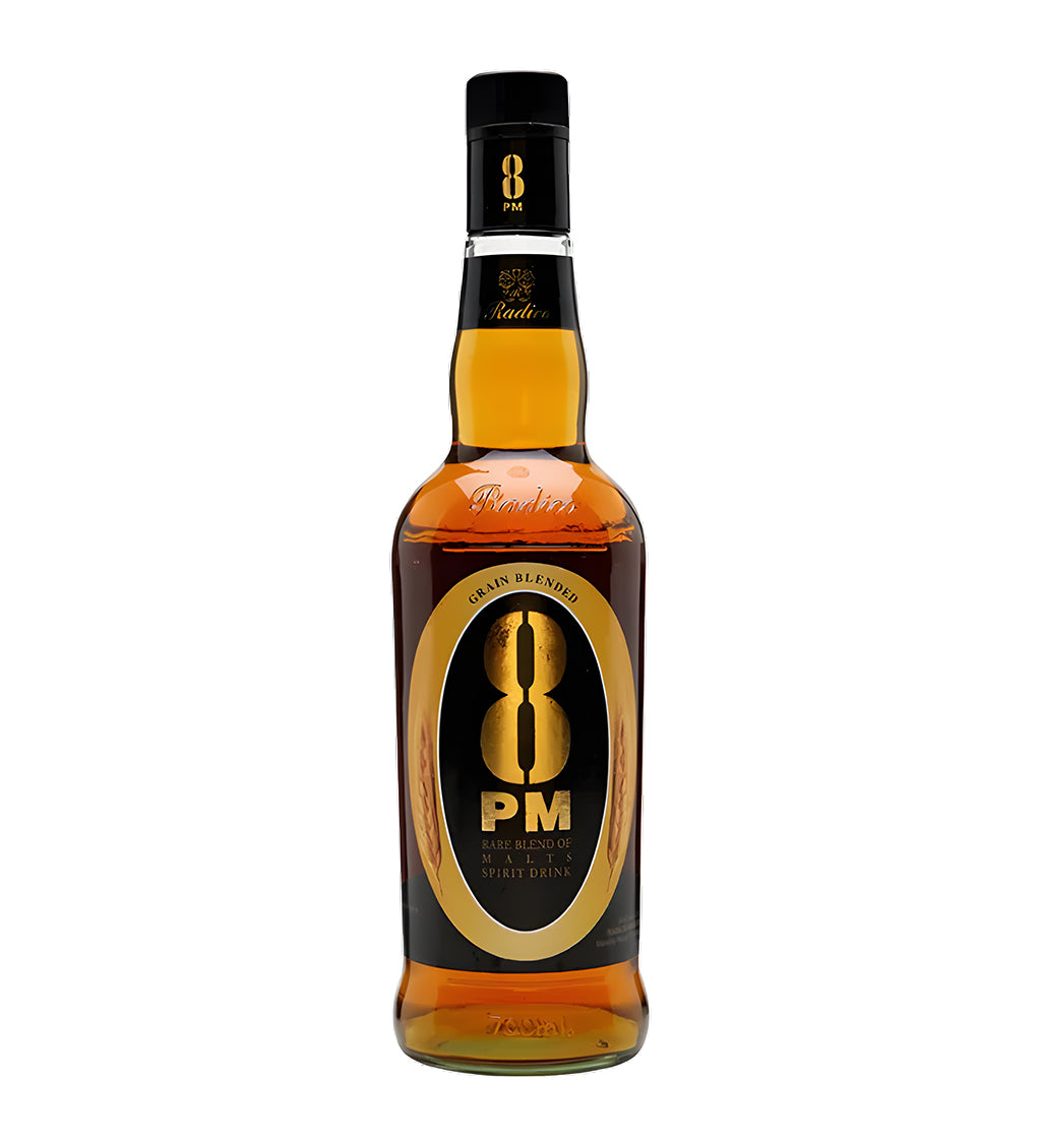 8 PM Rare Indian Whisky 75cl dark glass bottle on white background, black and gold label with bold 8 PM logo