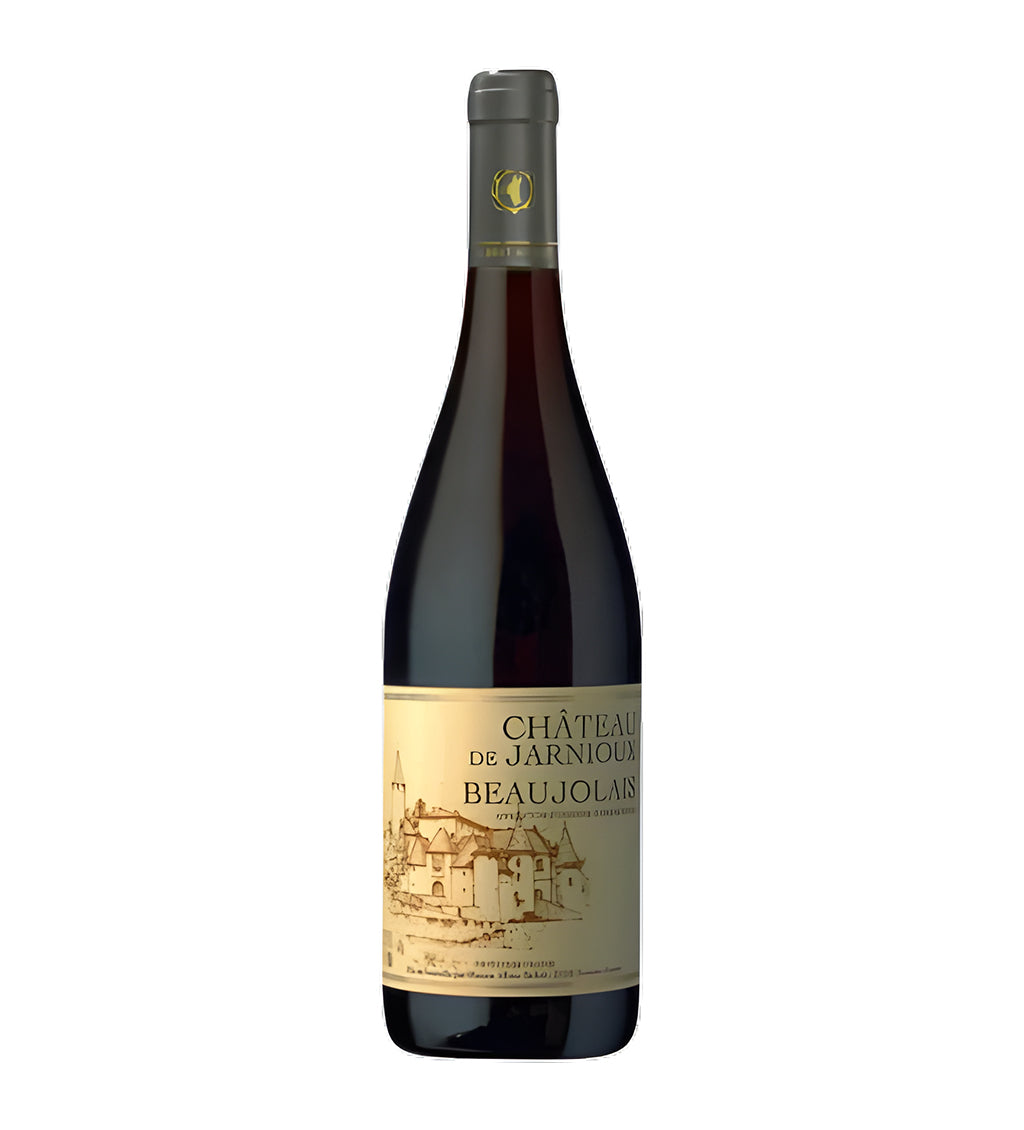 Albert Bichot Beaujolais Jarnioux red wine 75cl dark glass bottle on white background, elegant cream label with vineyard illustration and gold accents