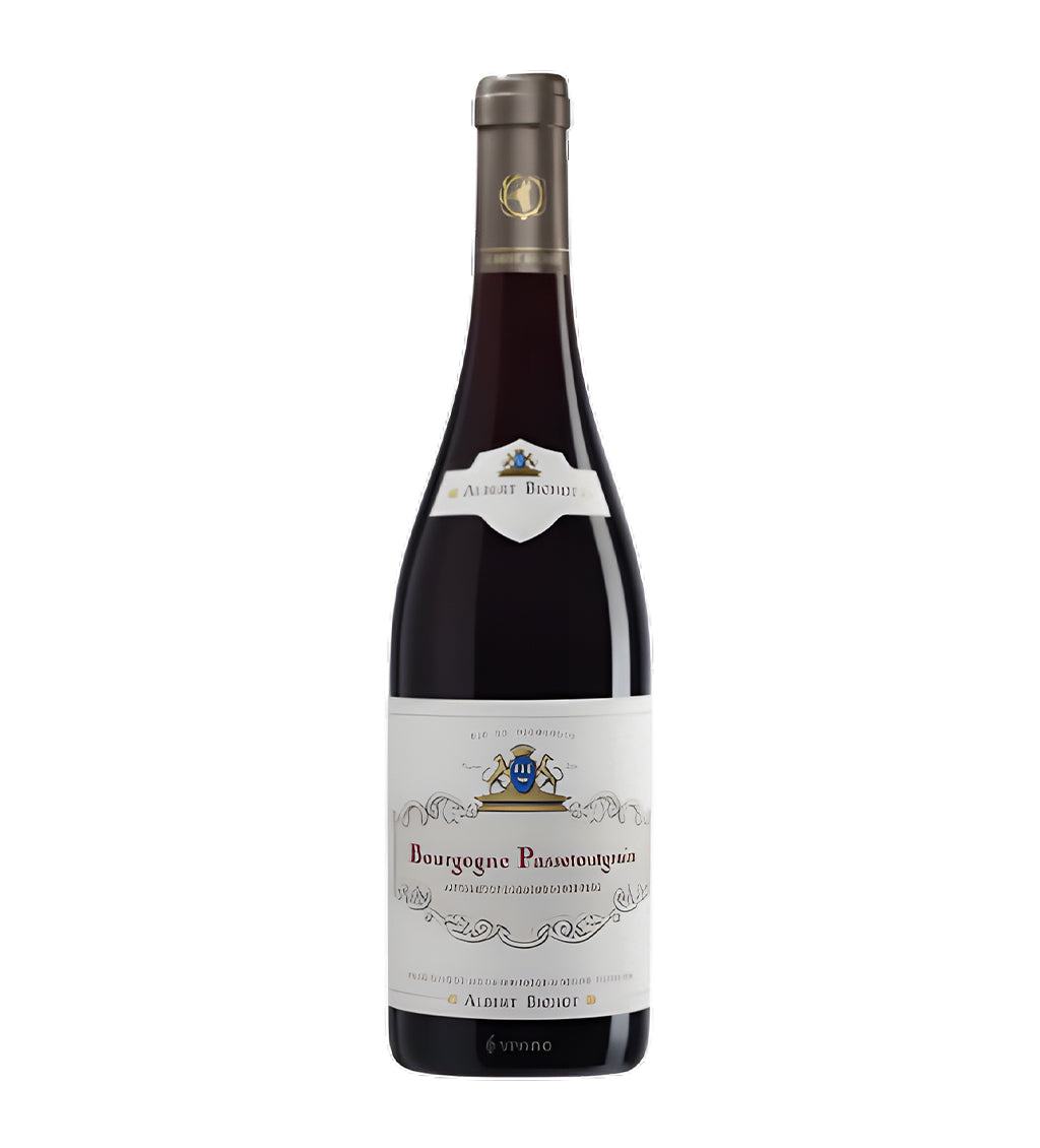 Albert Bichot Bourgogne Passetoutgrains red wine 75cl dark glass bottle on white background, cream label with vineyard illustration and gold accents
