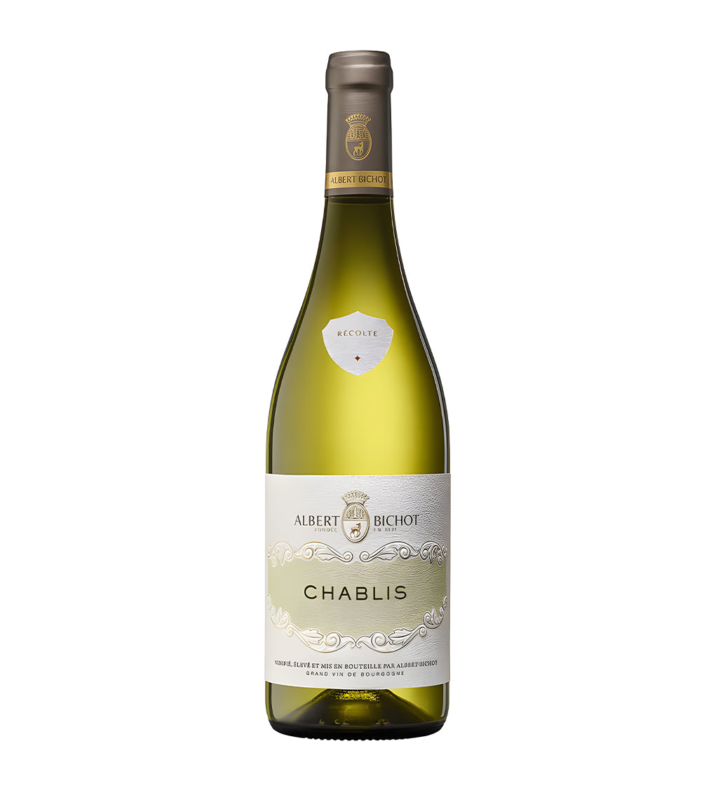 Albert Bichot Chablis white wine 75cl green glass bottle on white background, cream label with vineyard illustration and gold accents