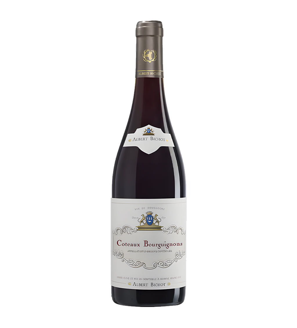 Albert Bichot Coteaux Bourguignons red wine 75cl dark glass bottle on white background, cream label with vineyard illustration and gold accents
