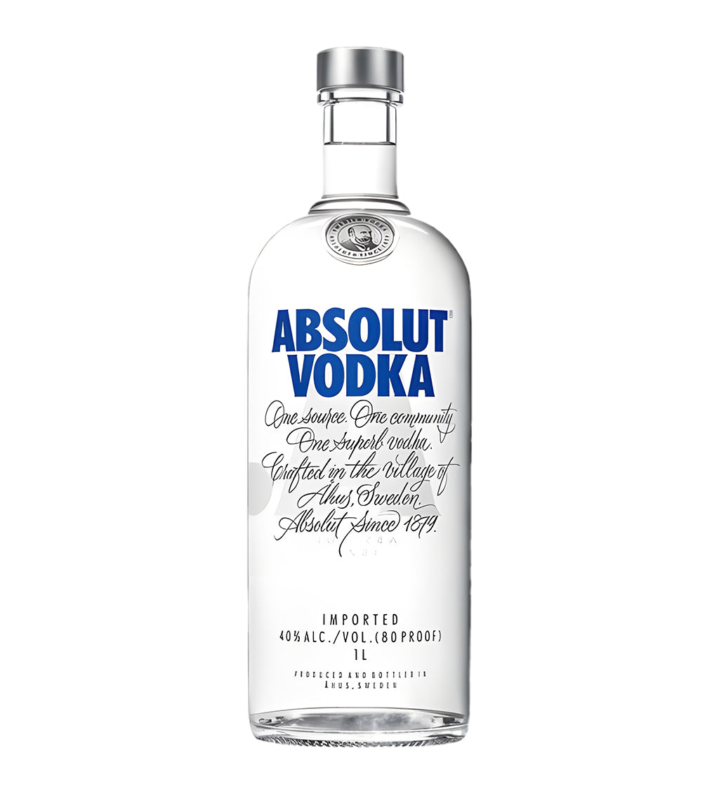 Absolut Vodka bottle with blue label on a white background