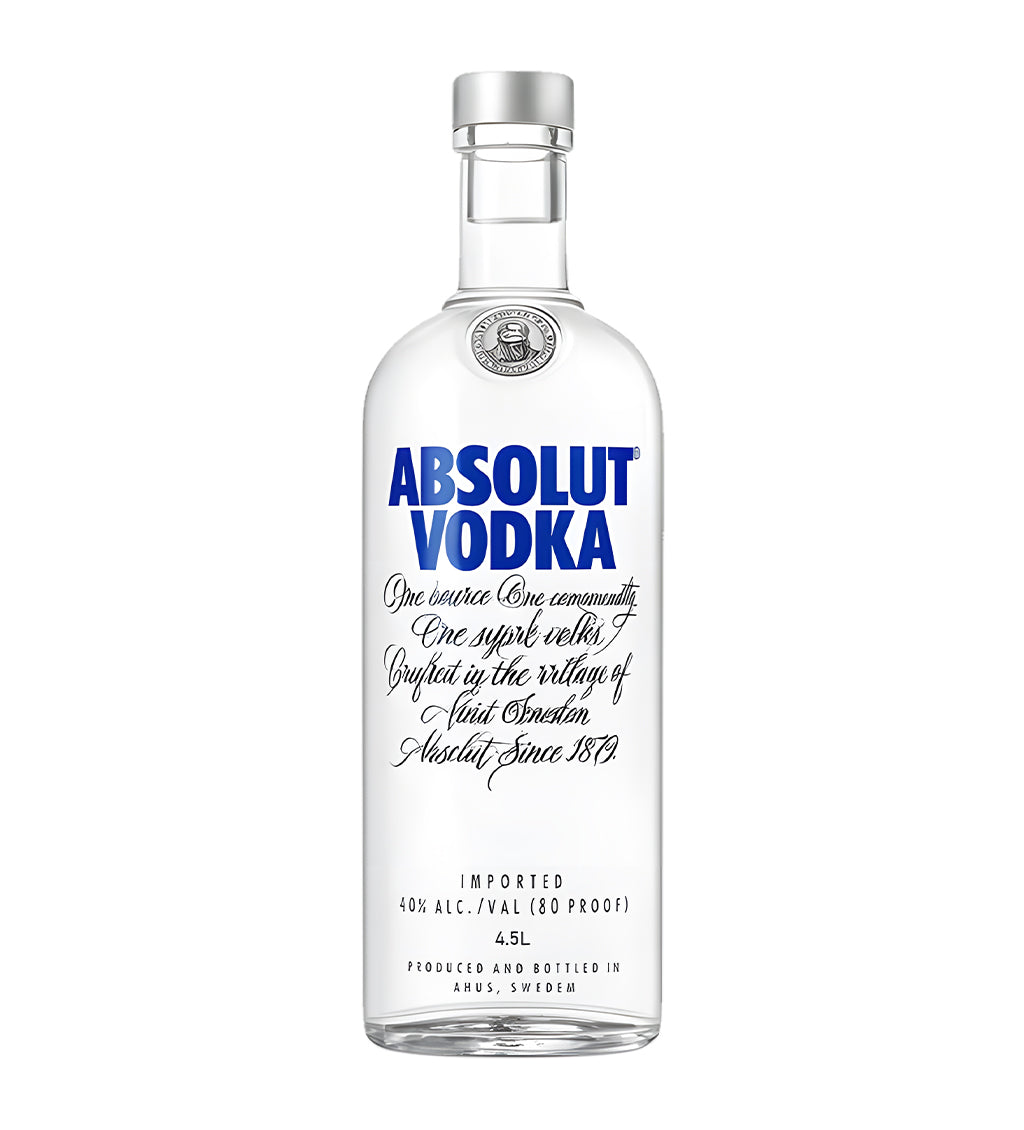 Absolut Vodka bottle with blue text on a white background