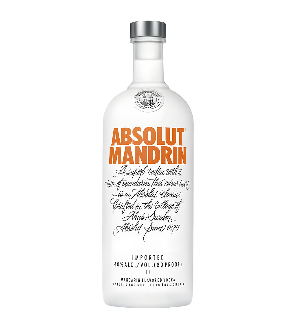 Absolut Vodka Mandarin 1L clear glass bottle on white background, orange text label with mandarin graphic and brand logo