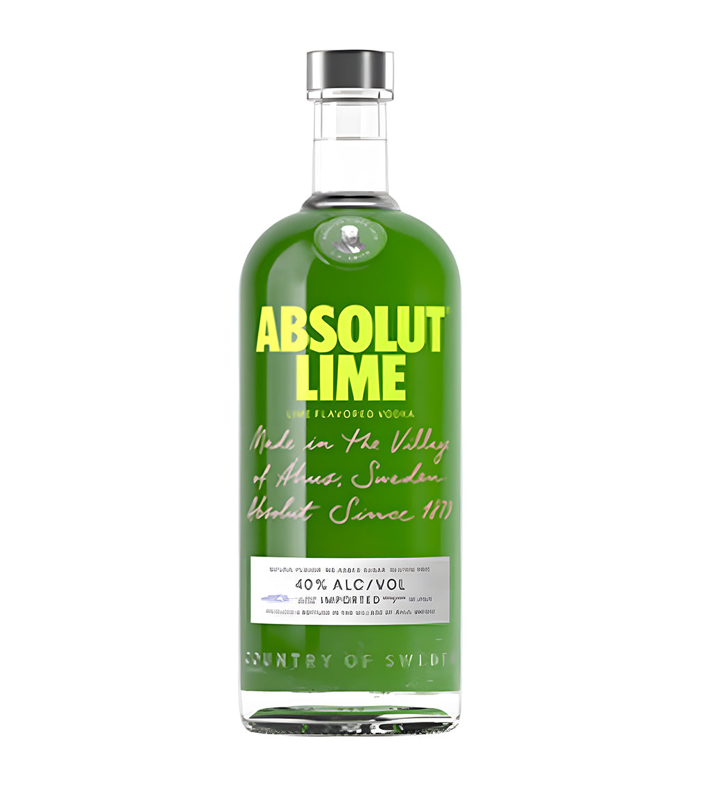 Absolut Vodka Lime 1L clear glass bottle on white background, green text label with lime graphic and brand logo