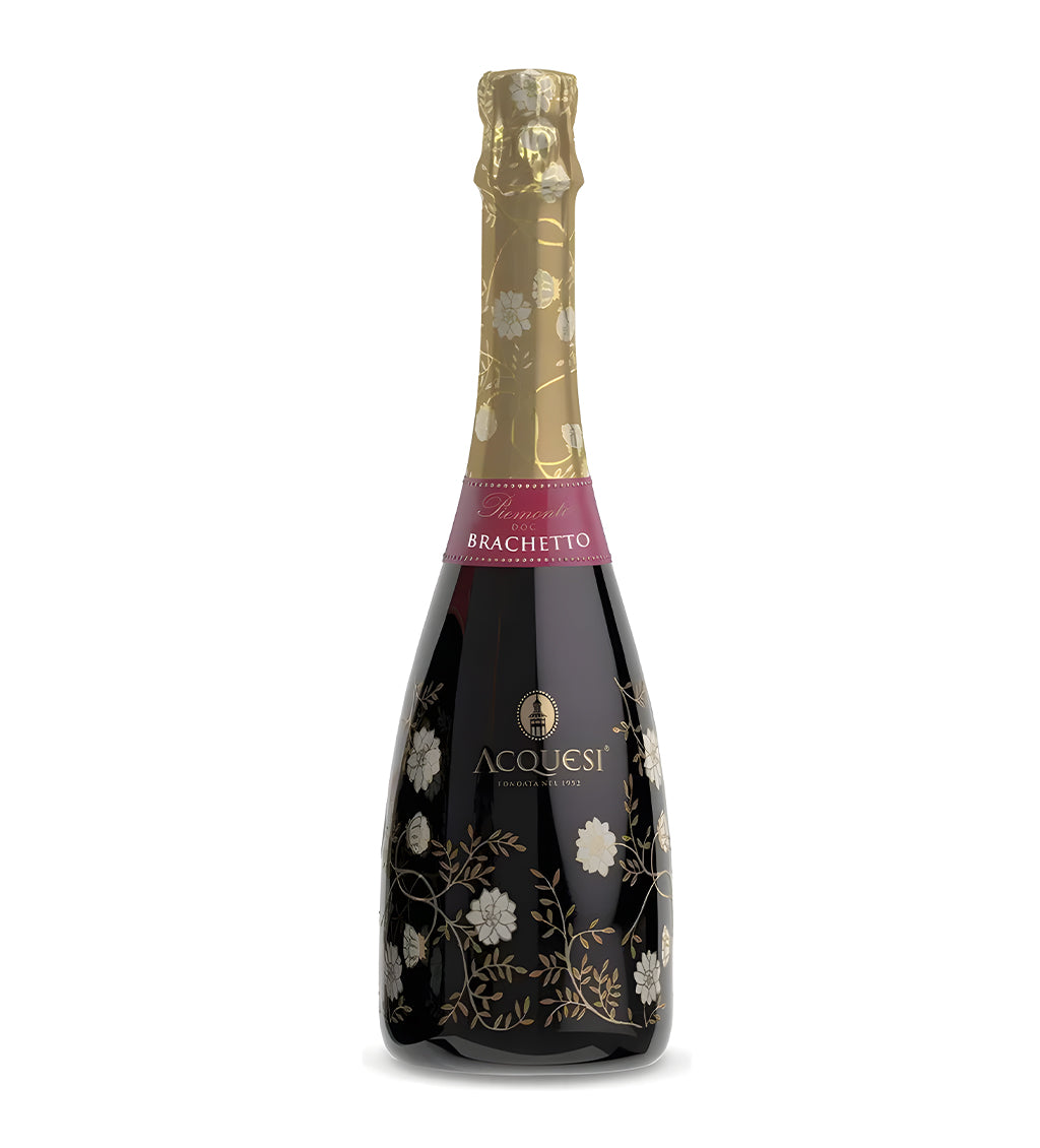 Acquesi Brachetto sparkling red wine 75cl dark glass bottle on white background, floral-patterned label with gold accents