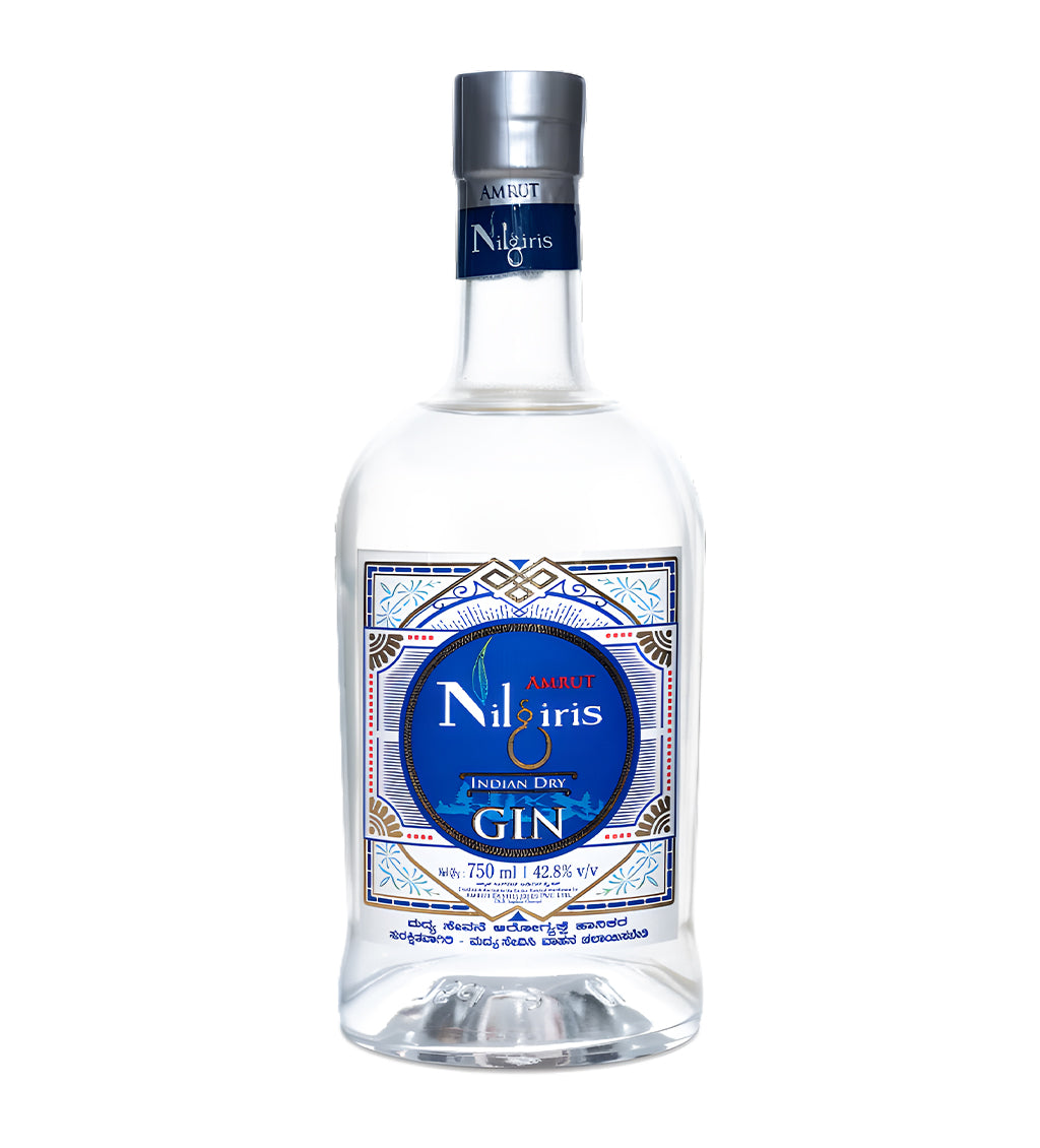 Amrut Nilgiris cask aged gin 70cl bottle on white background, amber glass with elegant blue label