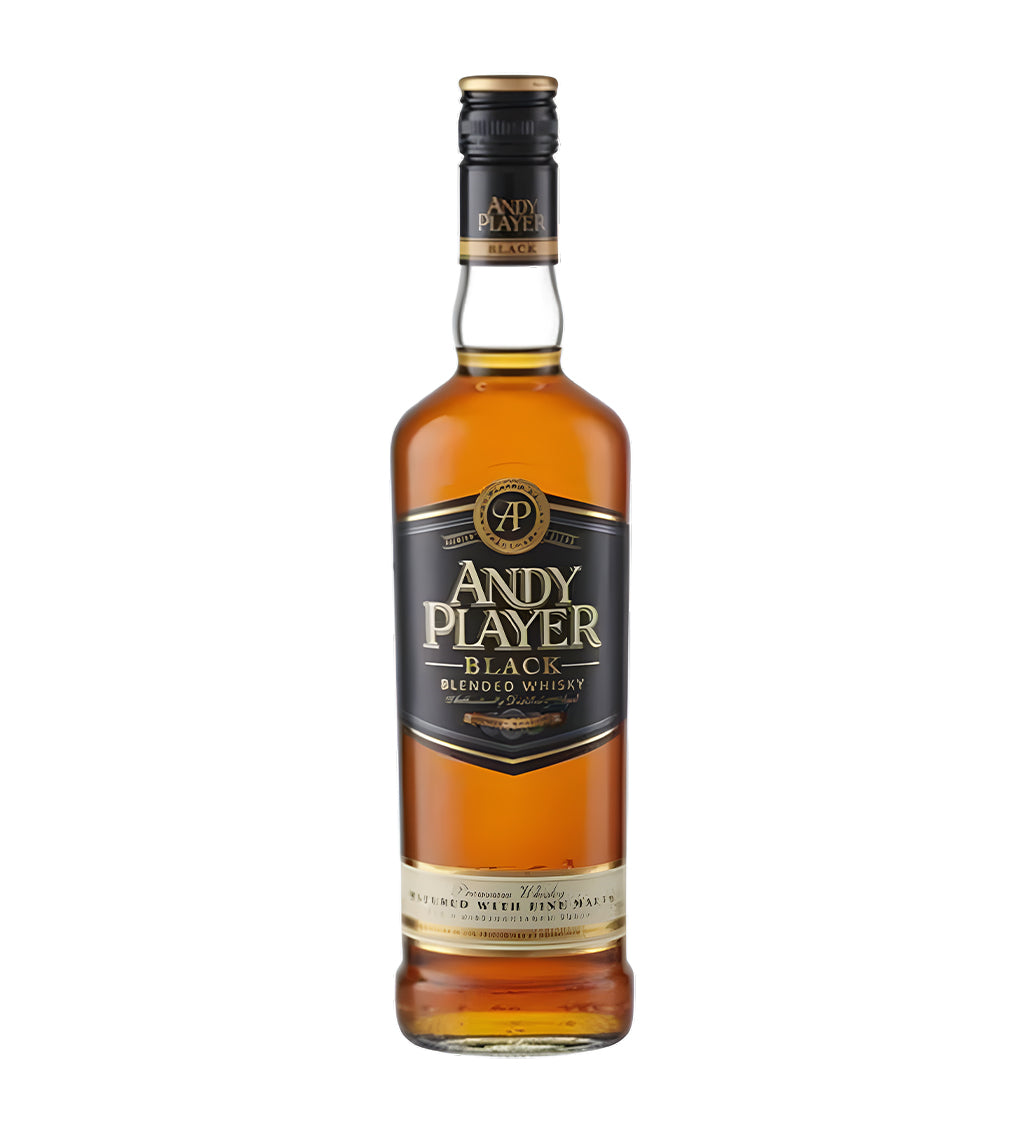 Andy Player Whisky 150cl clear glass bottle on white background, golden amber spirit with black and gold label featuring bold brand logo