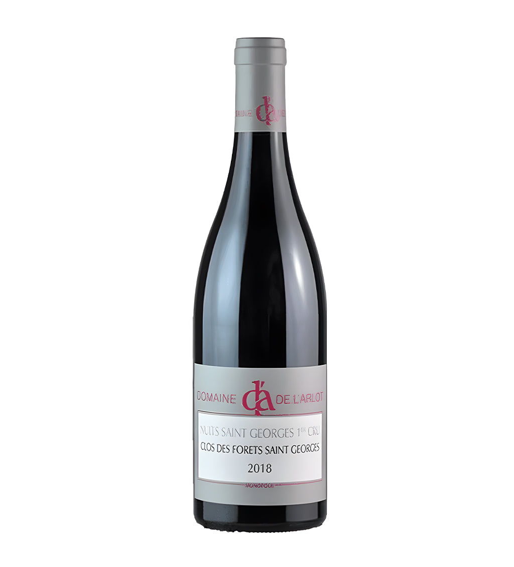 Domaine de l’Arlot Nuits-Saint-Georges Clos des Forêts 2018 red wine 75cl dark glass bottle on white background.