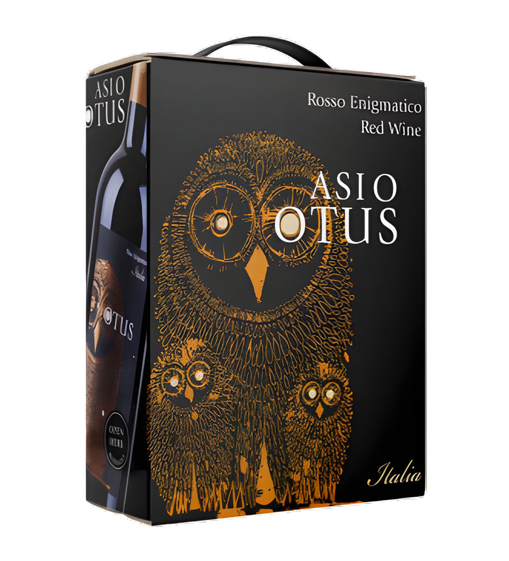 Asio Otus Cabernet Merlot Shiraz red wine 3L bag-in-box on white background, black owl design with gold accents and brand logo