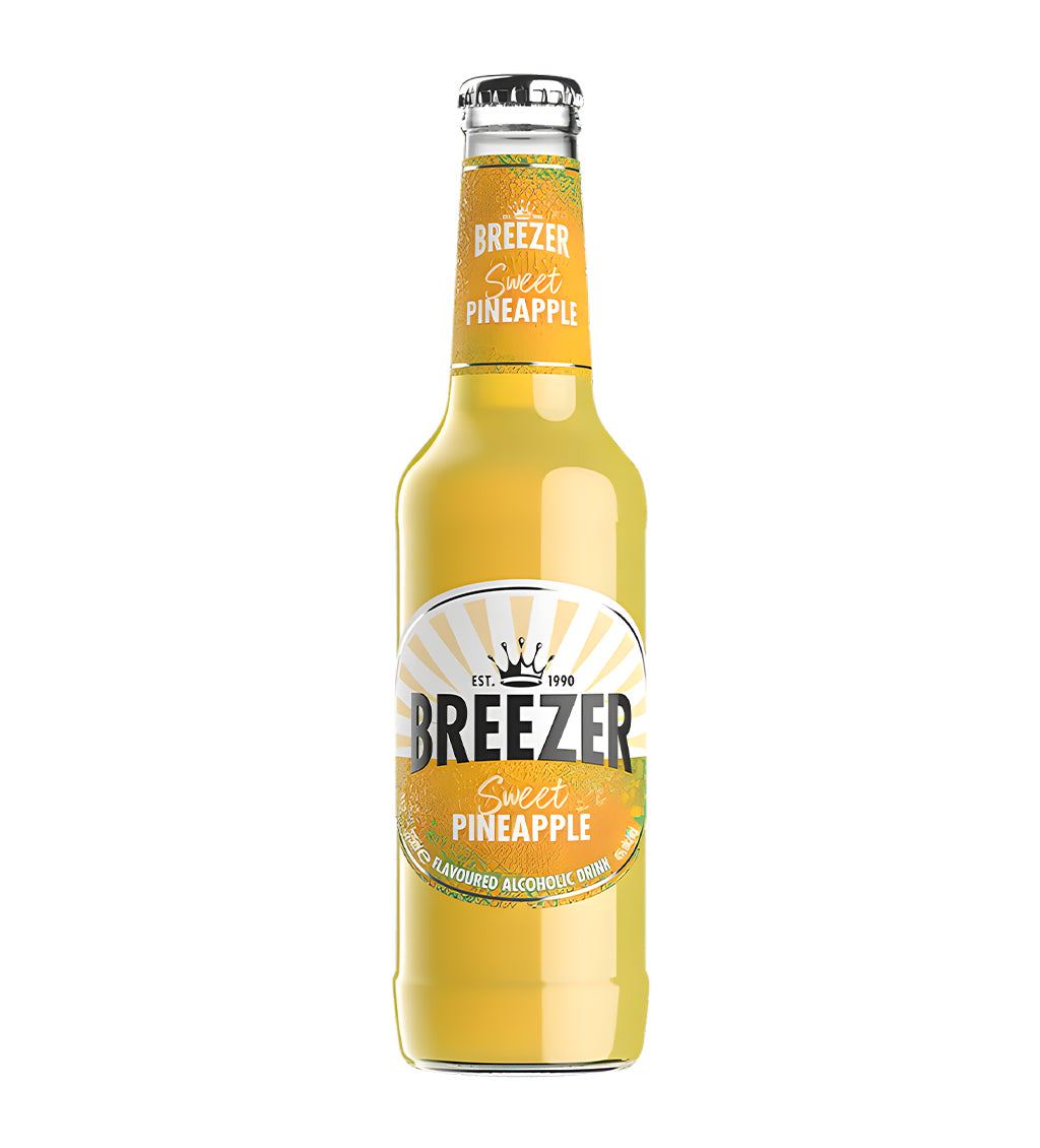 Bacardi Breezer Pineapple 27.5cl clear glass bottle on white background, pale yellow beverage with white label and pineapple imagery