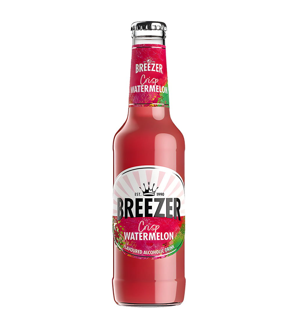 Bacardi Breezer Watermelon 27.5cl clear glass bottle on white background, pink beverage with white label and watermelon imagery