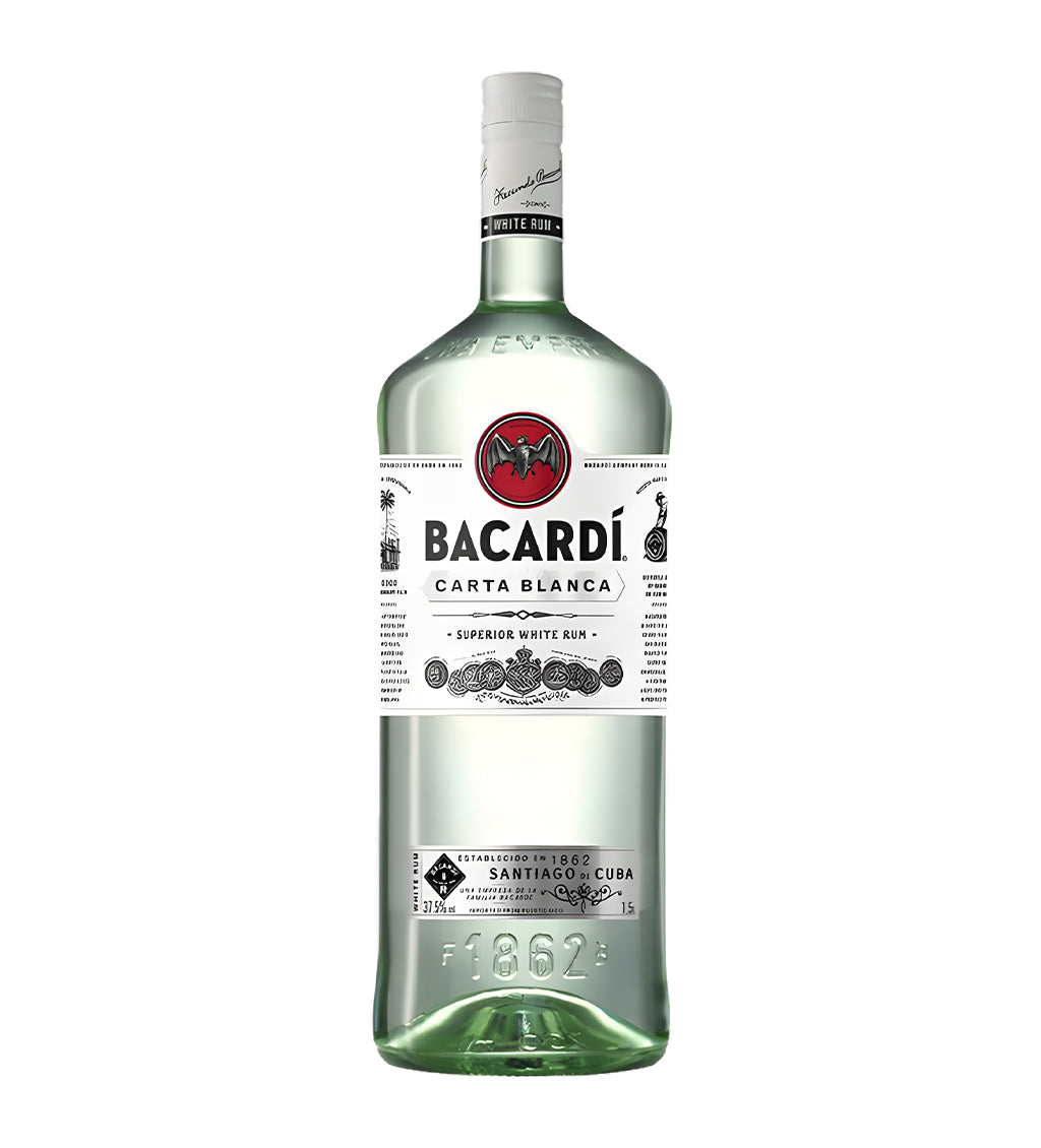 Bacardi Carta Blanca white rum 1.5L clear glass bottle on white background, white label with bat logo and red accents