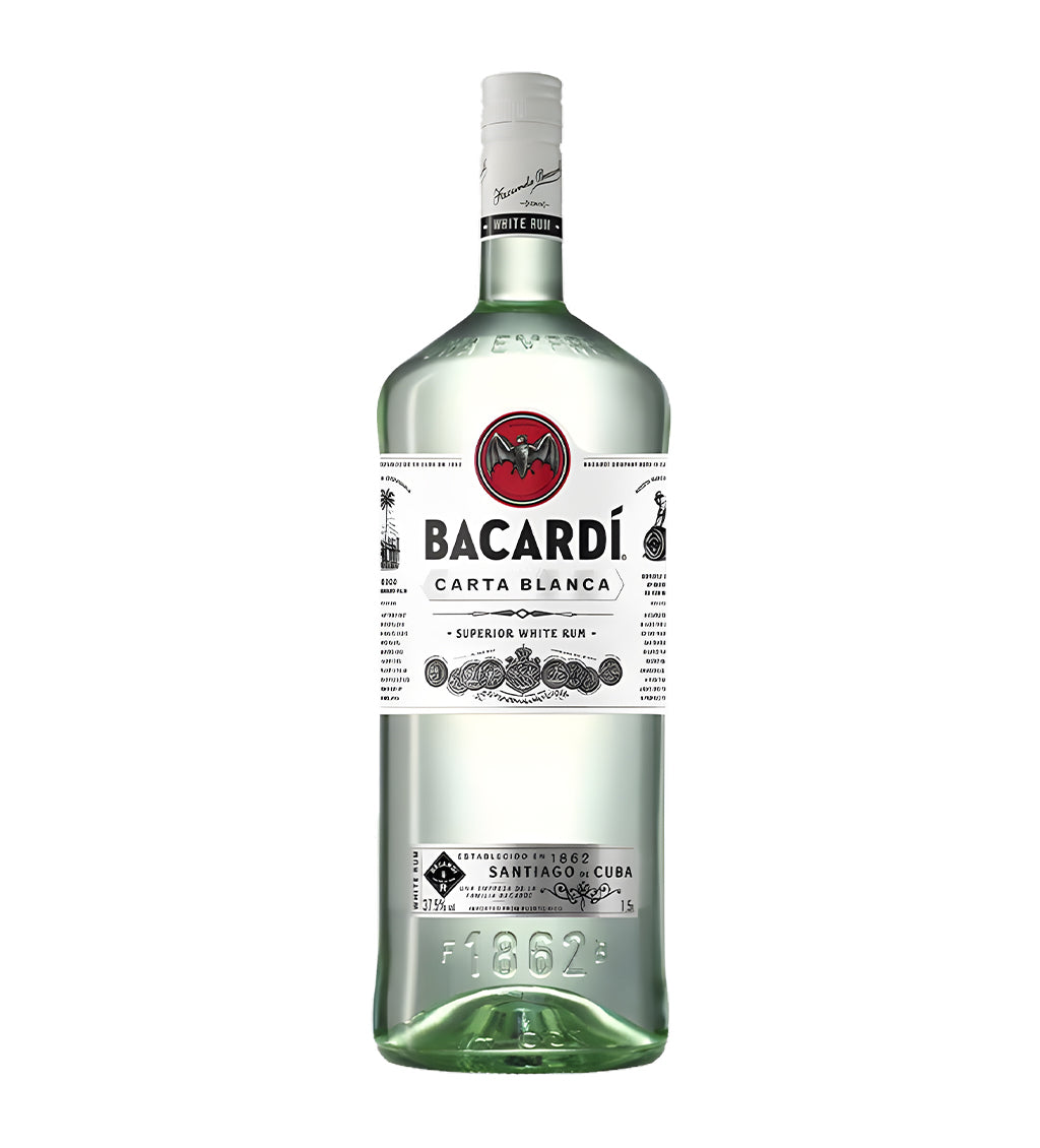 Bacardi Carta Blanca white rum 1L clear glass bottle on white background, white label with bat logo and red accents