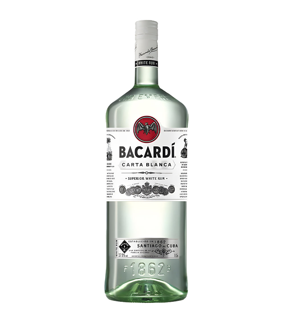 Bacardi Carta Blanca white rum 3L clear glass bottle on white background, white label with bat logo and red
