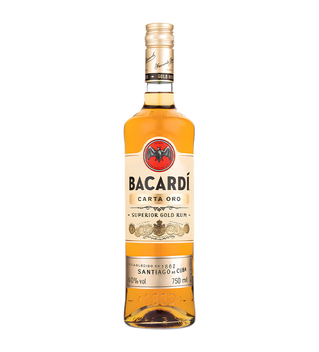 Bacardi Gold rum 1L clear glass bottle on white background, golden spirit with white and gold label featuring bat logo