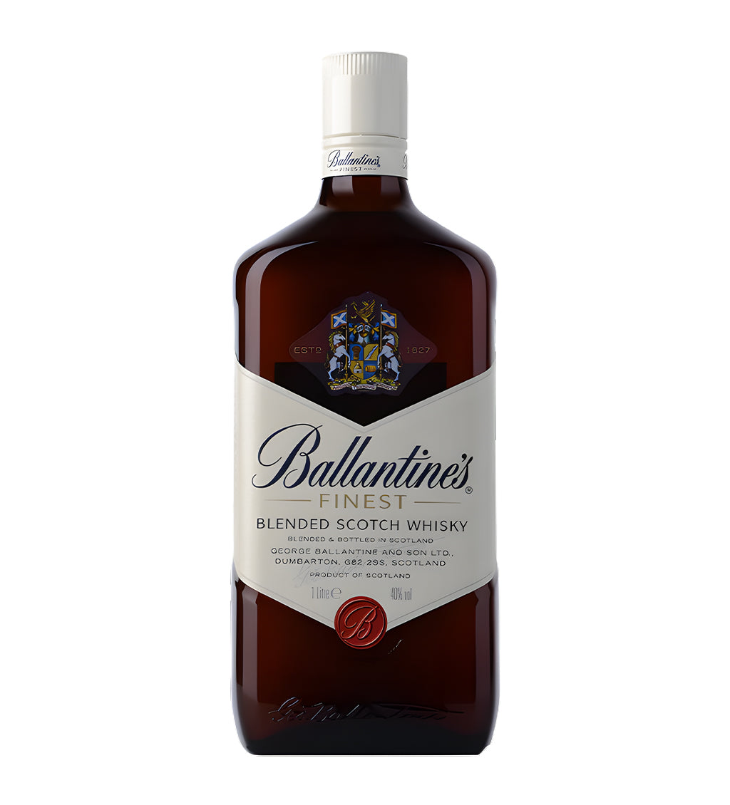 Ballantine’s Blended Scotch Whisky 1L clear glass bottle on white background, golden amber spirit with cream and blue label featuring brand crest and logo