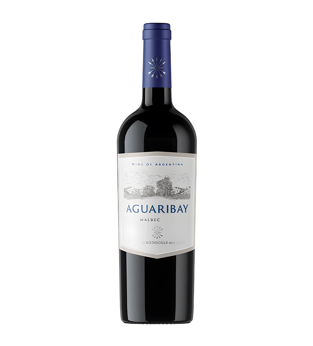 Baron Aguaribay Malbec red wine 75cl dark glass bottle on white background, white label with tree illustration and gold accents