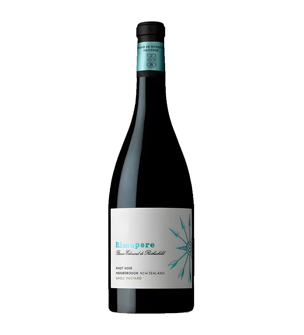 Baron Rimapere Pinot Noir red wine 75cl dark glass bottle on white background, white label with silver accents and brand logo