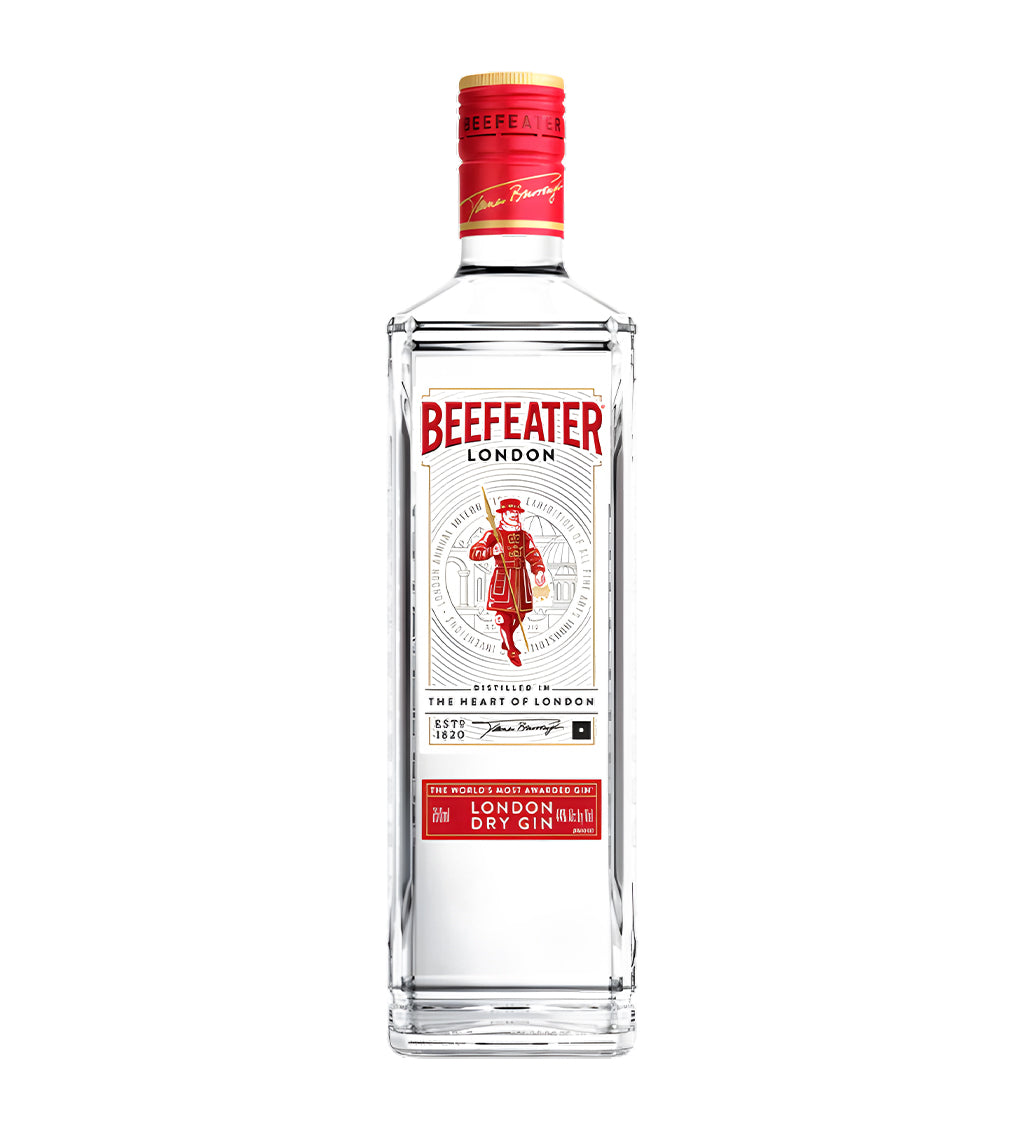 Beefeater London Dry Gin 75cl clear glass bottle on white background, red and white label with city illustration.