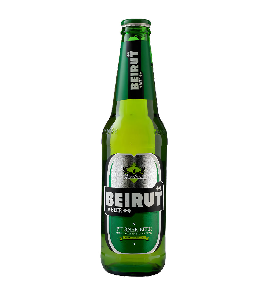 Beirut Beer 33cl glass bottle on white background, Lebanese lager with label
