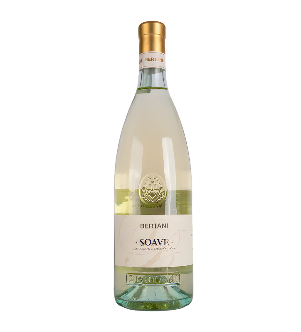 Bottle of Bertani Soave wine on a white background