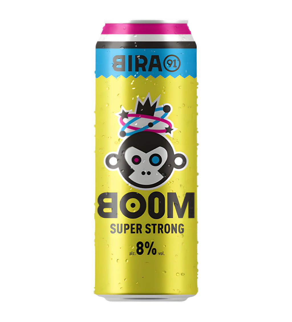 Bira 91 Super Strong beer can with yellow label and pink top on a white background