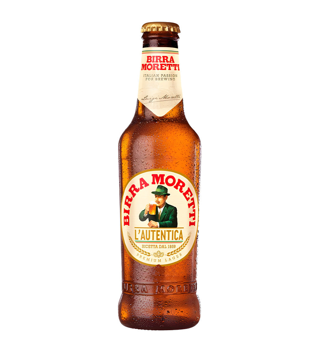Birra Moretti beer bottle with label on a white background