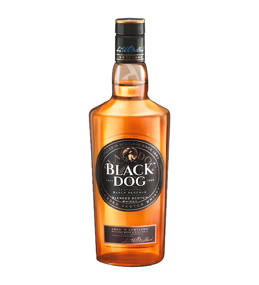 Black Dog Black Reserve Blended Scotch Whisky 75cl clear glass bottle on white background, rich amber spirit with black and gold label featuring brand crest and logo