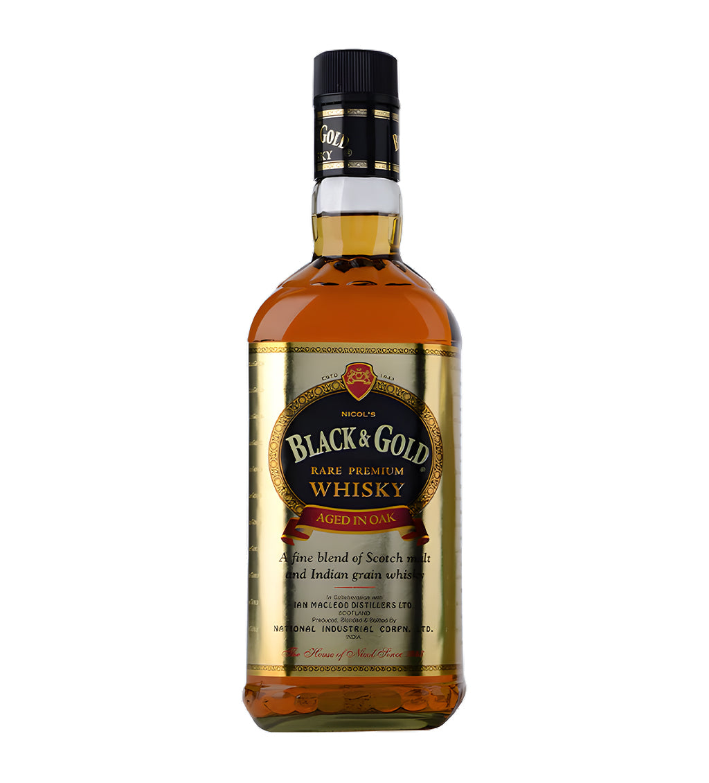 Black & Gold Whisky 75cl clear glass bottle on white background, golden amber spirit with black and gold label featuring brand crest and logo