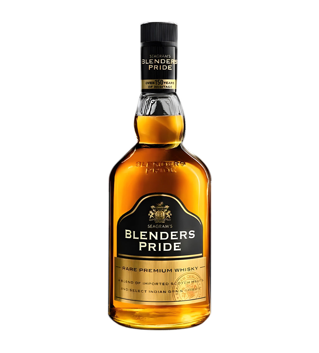 Blenders Pride Rare Premium Whisky 18cl clear glass bottle on white background, golden amber spirit with black and gold label featuring brand crest and logo