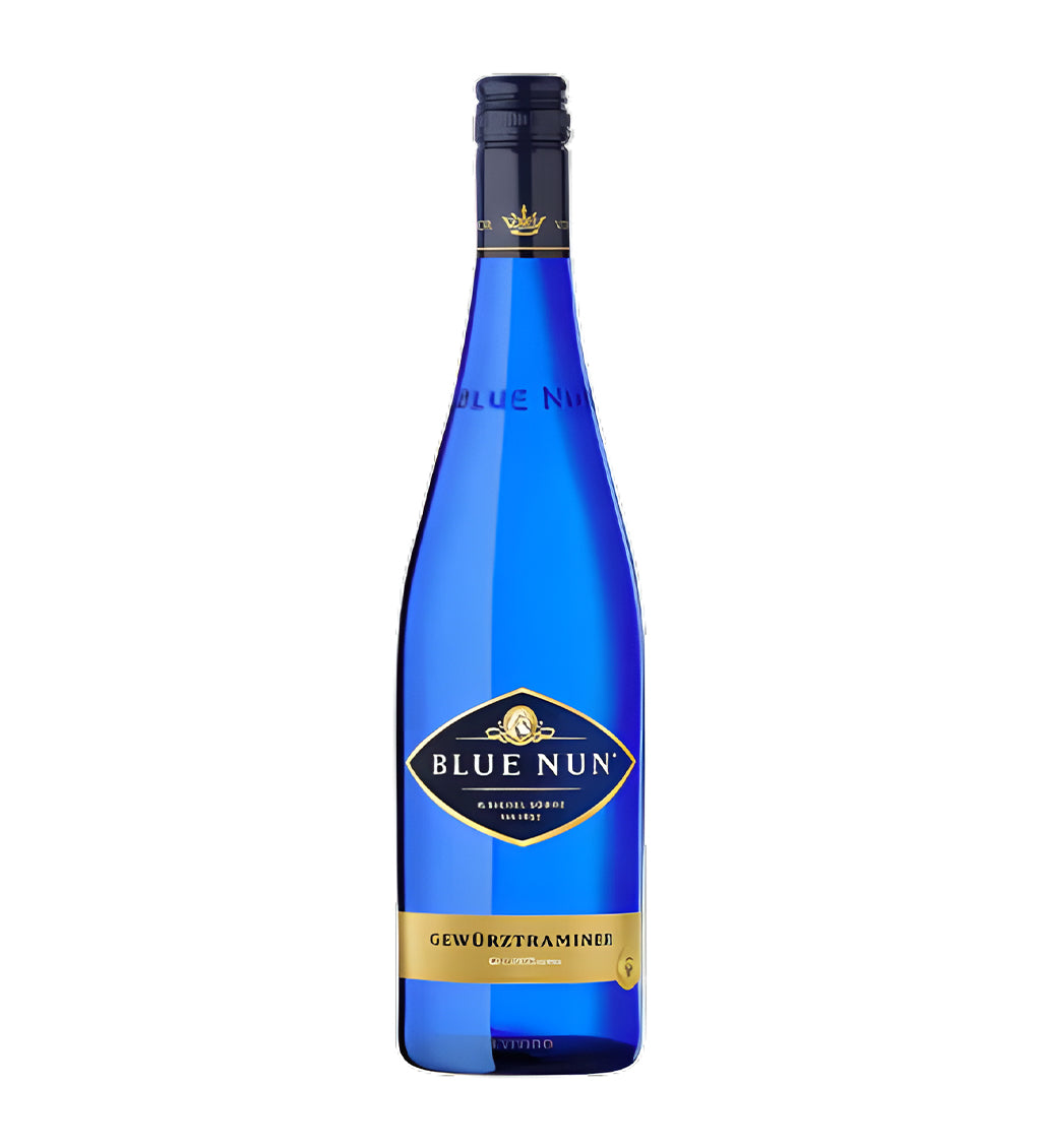 Blue Nun wine bottle on a white background