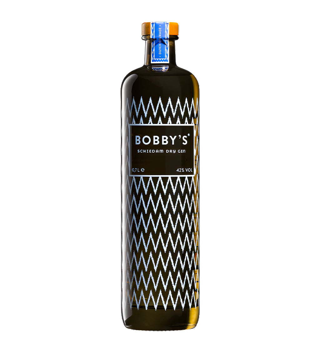 Bobby's gin bottle with black and white patterned label on white background, premium Dutch gin in clear glass.