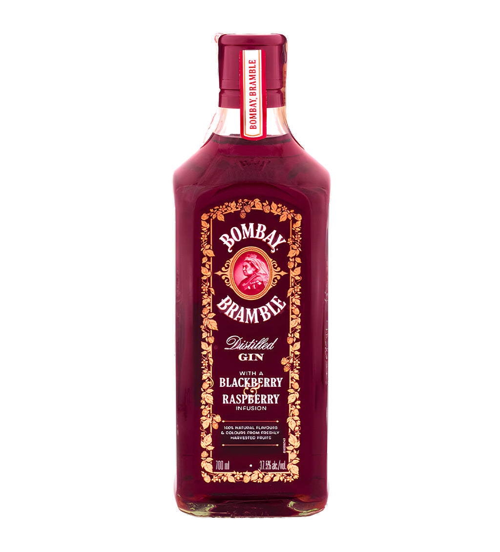 Bombay Bramble blackberry and raspberry gin bottle on white background, deep red glass with fruit imagery on label.