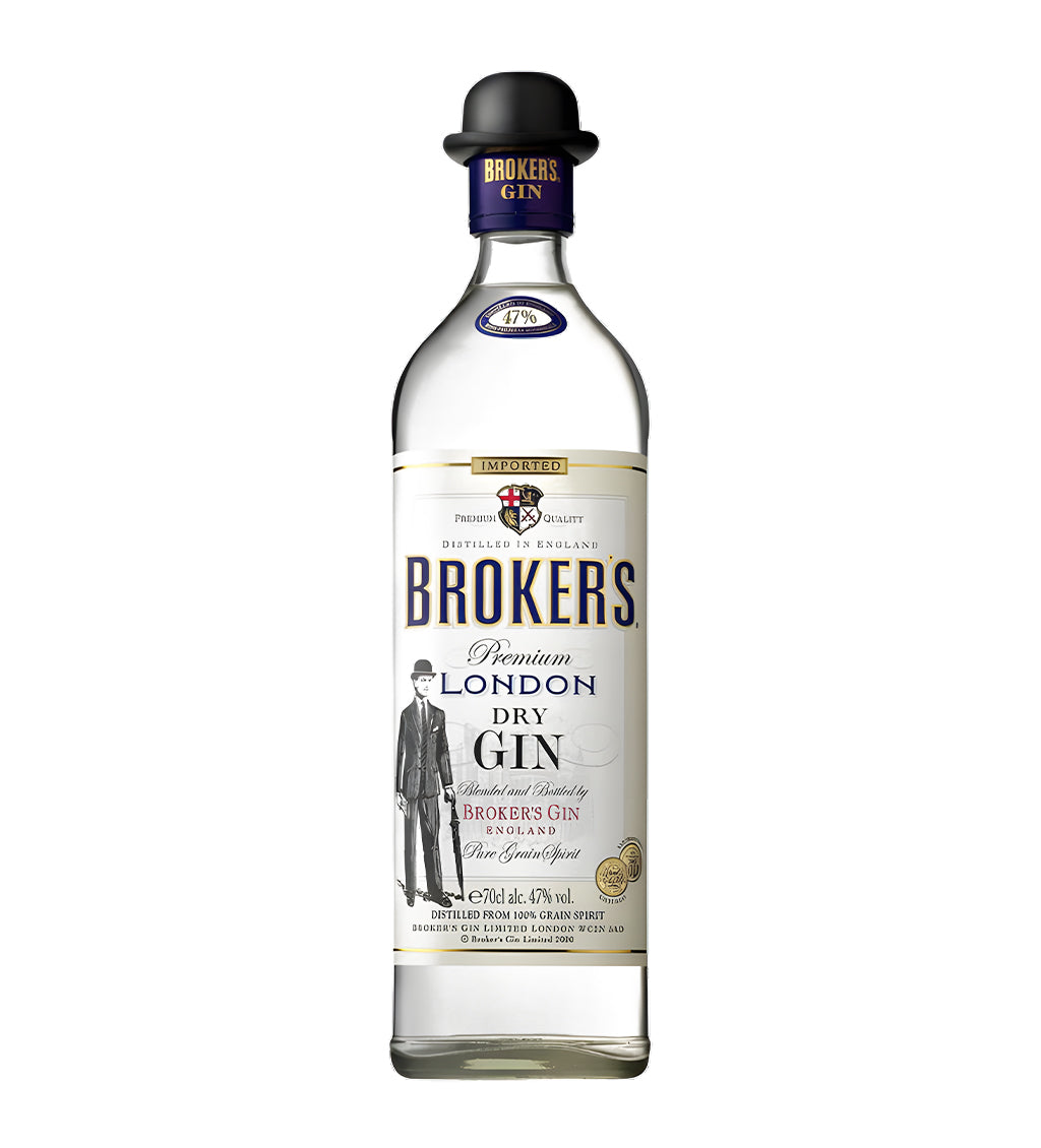 Brokers London Dry Gin 1L clear glass bottle on white background, white label with black bowler hat logo