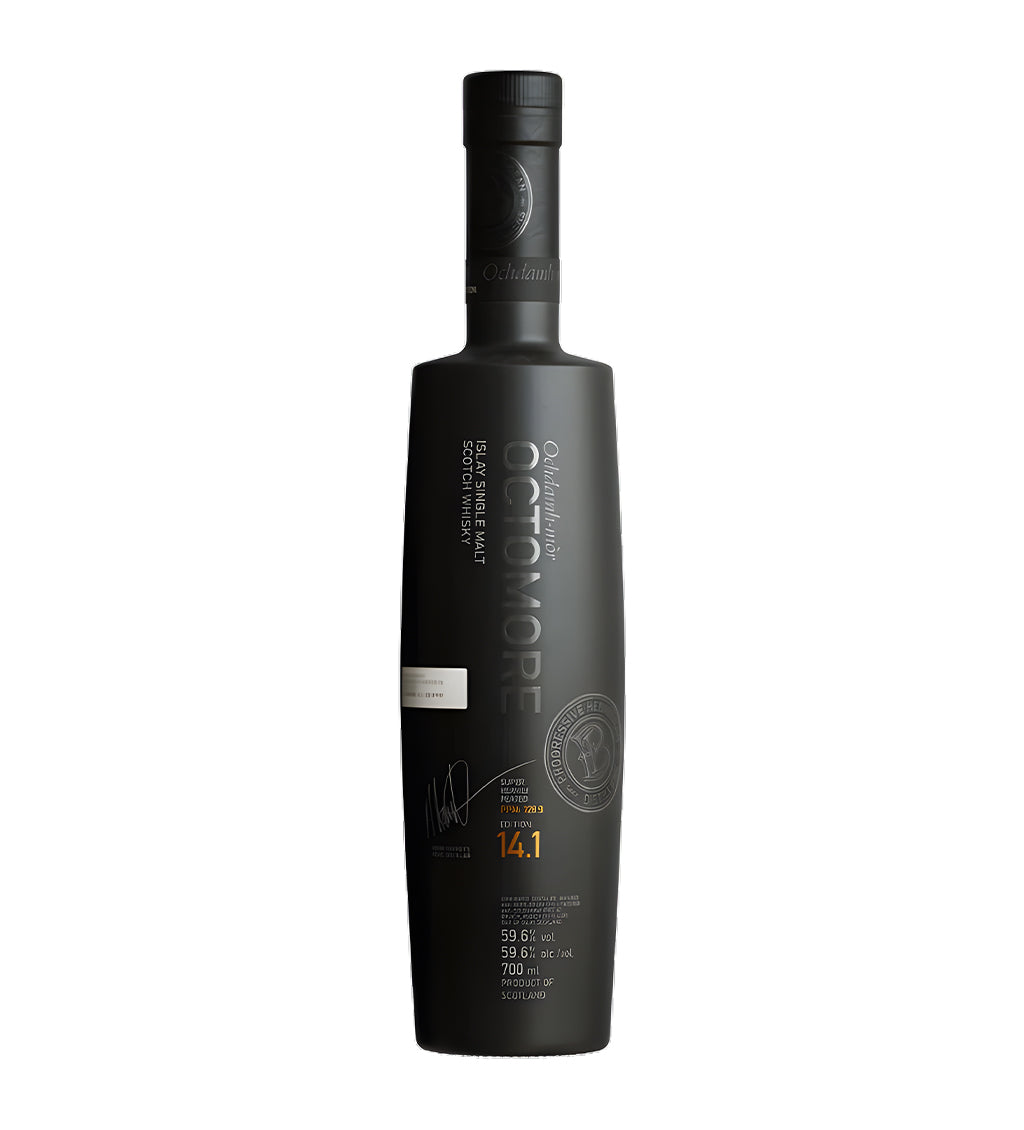 Bruichladdich Octomore Single Malt Scotch Whisky 70cl matte black bottle on white background, bold white text label with age and edition details