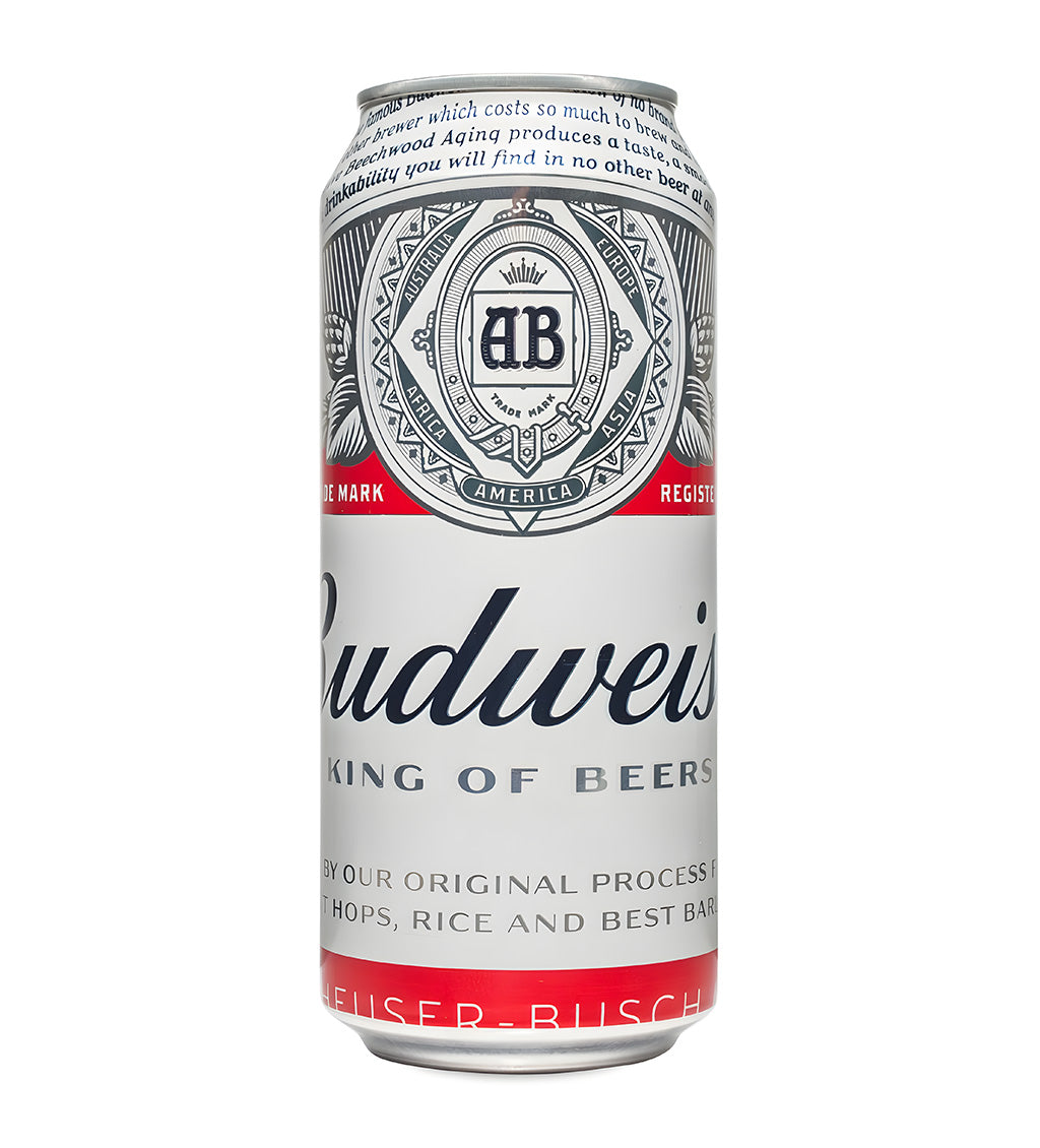 Budweiser lager beer 47.3cl can on white background, classic red and white design with brand logo
