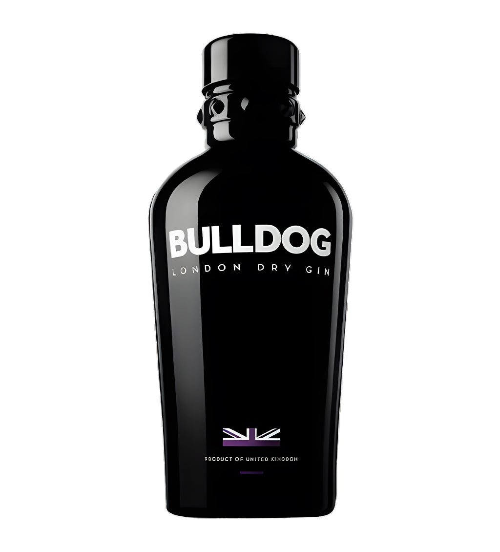 Bulldog London Dry Gin 75cl black glass bottle on white background, minimalist silver and white label with bold logo