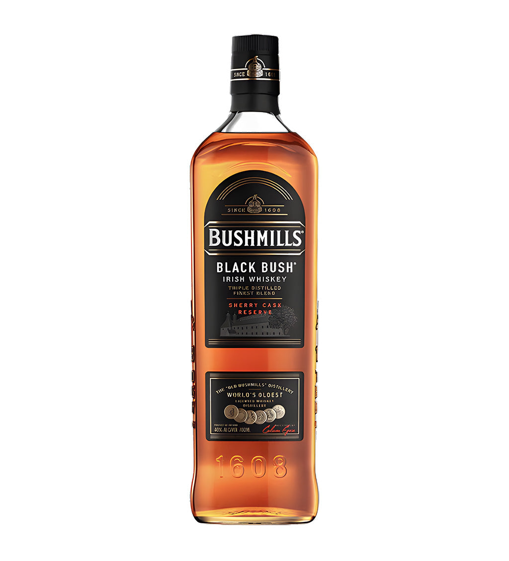 Bushmills Black Bush Irish Whiskey 70cl dark glass bottle on white background, deep amber spirit with black and gold label featuring brand crest