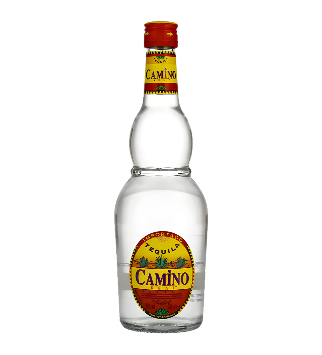 Camino Tequila Silver 75cl clear glass bottle on white background, clear spirit with blue and silver label featuring agave imagery