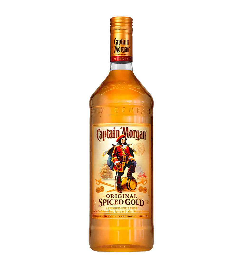 Captain Morgan Spiced Gold Rum 1L clear glass bottle on white background, golden spirit with cream and gold label featuring pirate logo