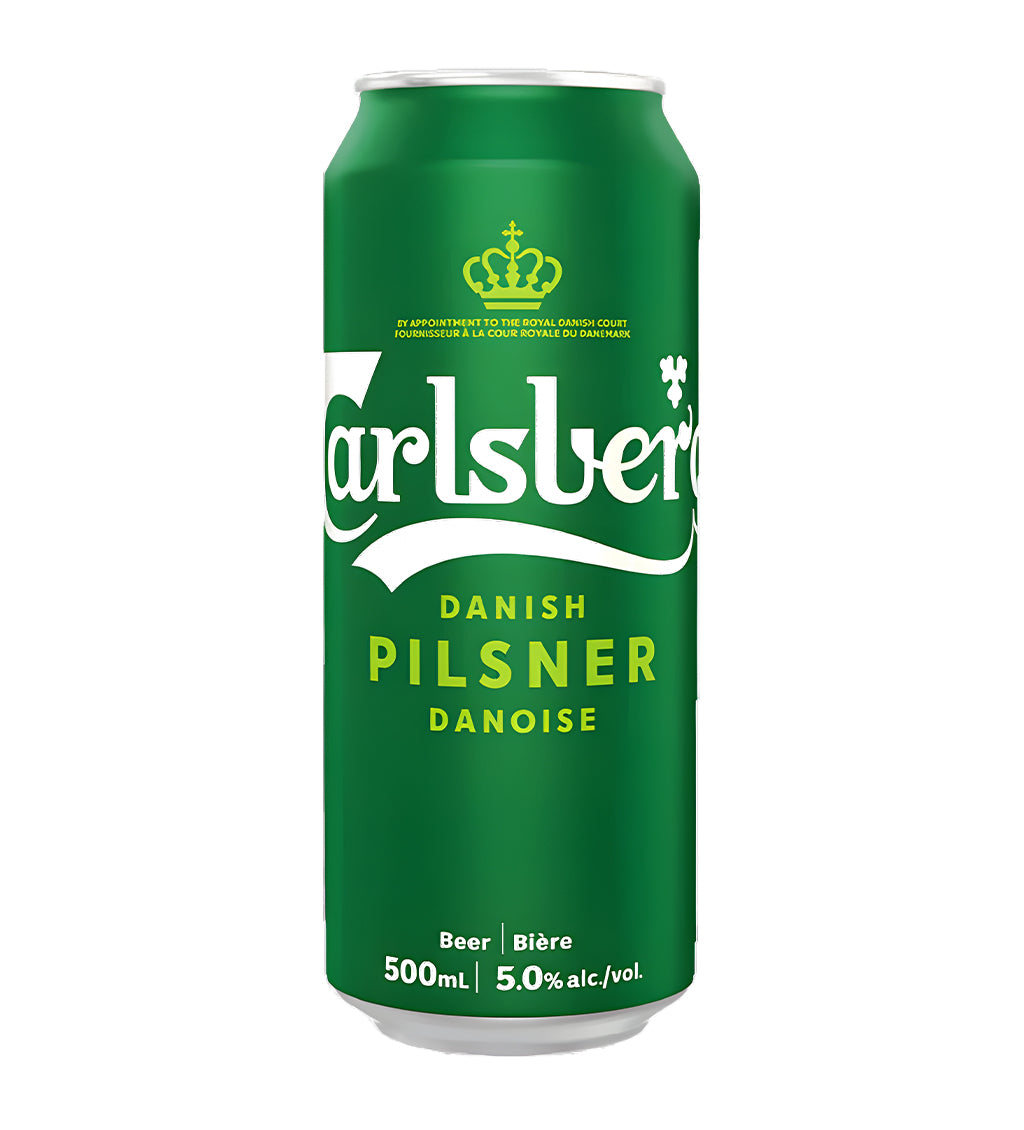 Green can of Carlsberg Danish Pilsner on a white background