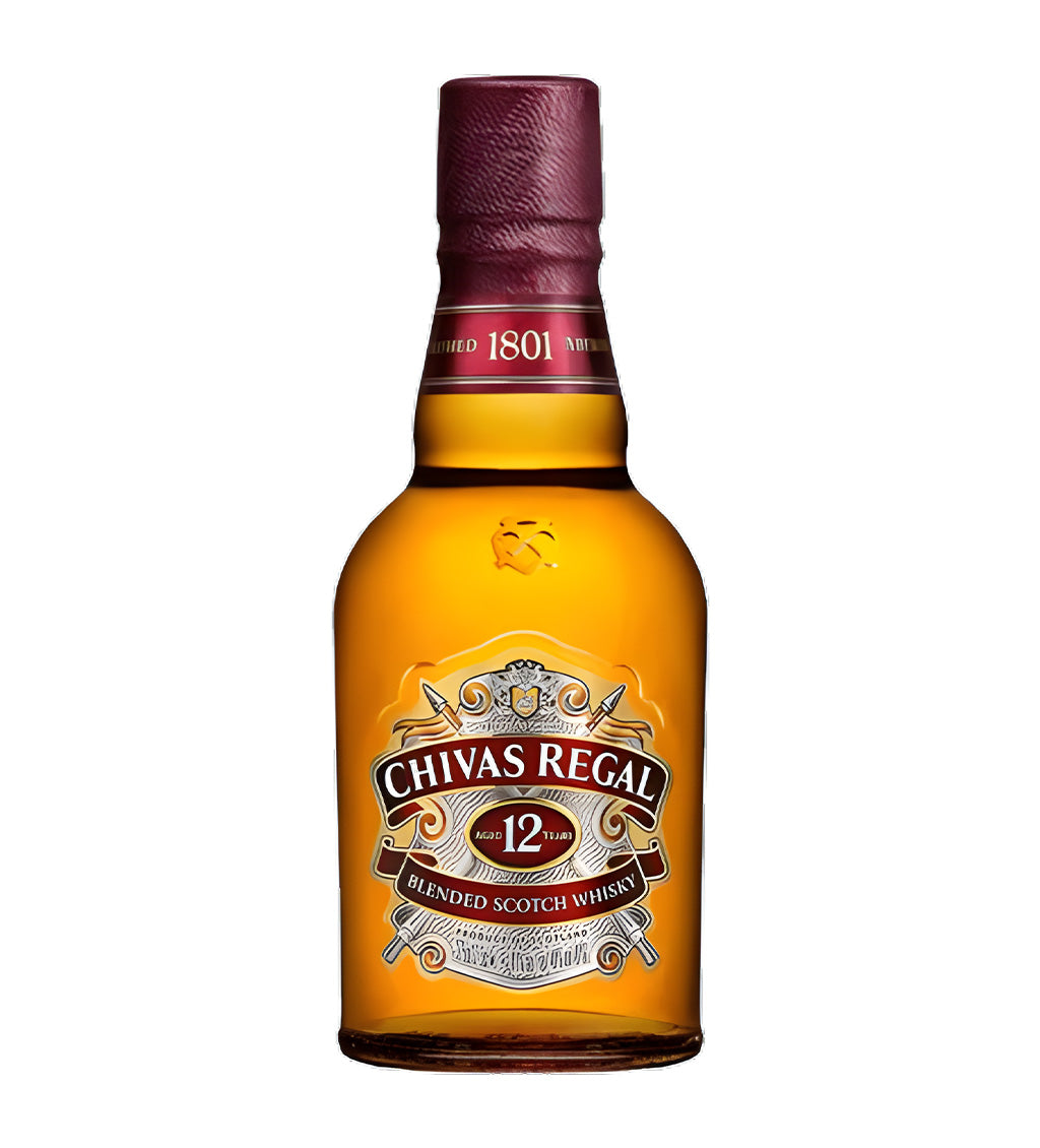 Chivas Regal 12 Years Blended Scotch Whisky 37.5cl clear glass bottle on white background, golden amber spirit with red and gold label featuring brand crest