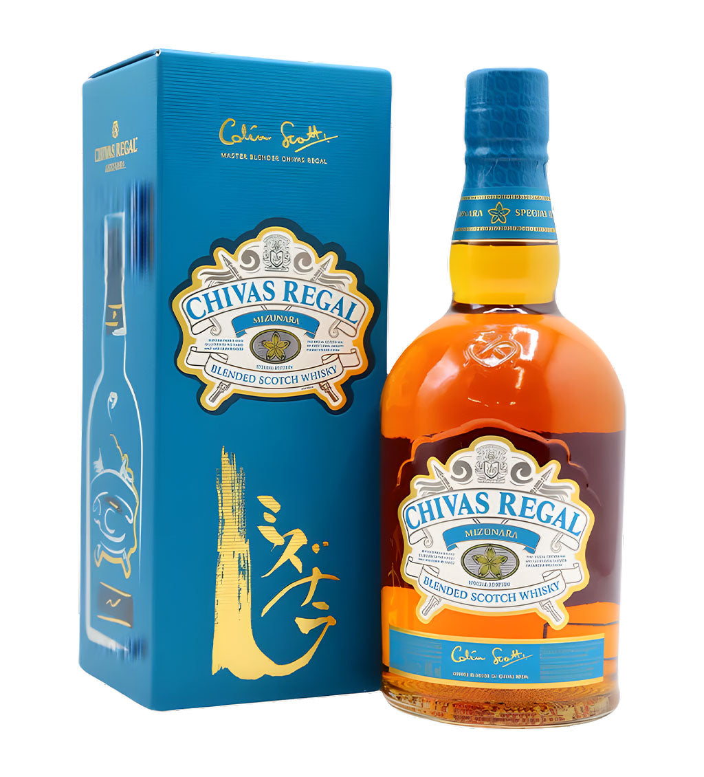 Chivas Regal Mizunara Blended Scotch Whisky 70cl clear glass bottle on white background, golden spirit with blue and gold label highlighting Japanese Mizunara oak finish