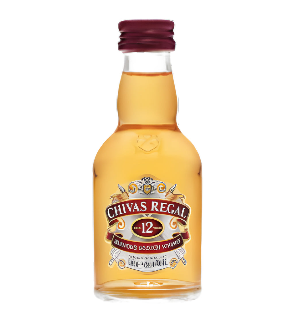 Chivas Regal 12 Years Blended Scotch Whisky 5cl mini clear glass bottle on white background, golden amber spirit with red and gold label featuring brand crest